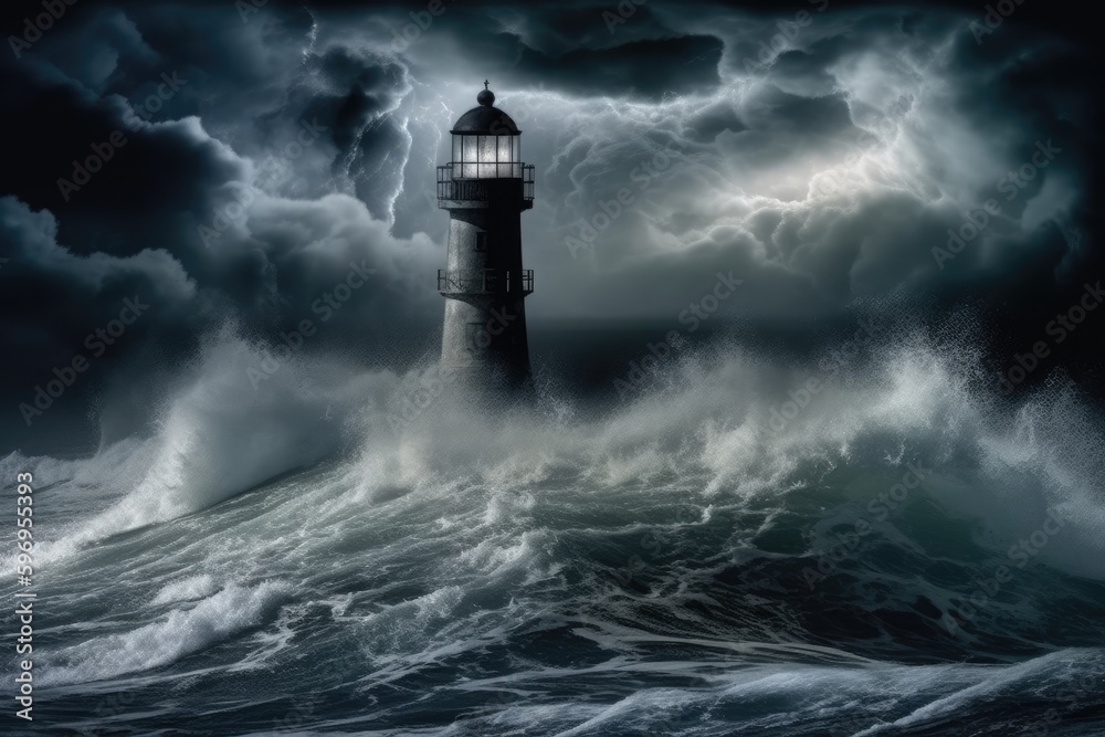 lighthouse standing tall amidst turbulent waves in the ocean during a storm. Generative AI
