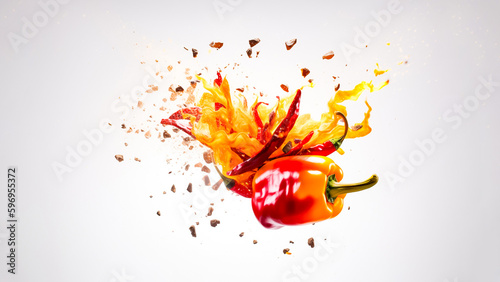 Fiery explosions and twisting cyclones of spicy chilies on a white background. generative AI.