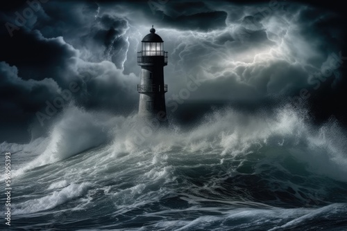 lighthouse standing tall amidst turbulent waves in the ocean during a storm. Generative AI