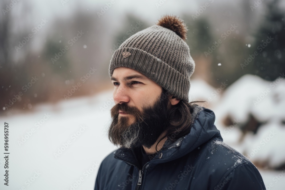 Fototapeta premium Portrait of a handsome bearded man with a long beard and mustache in a knitted hat in the winter forest on a snowy day