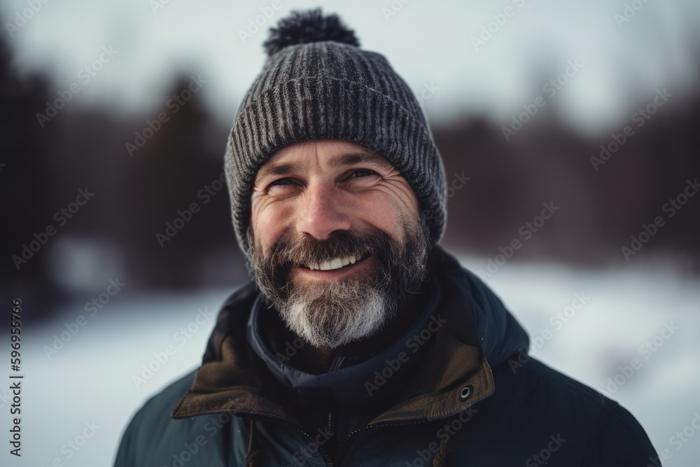 Portrait of a smiling bearded man in a hat and jacket in the winter forest Portrait of a smiling bearded man in a hat and jacket in the winter forest