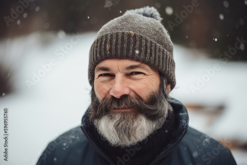 Portrait of a bearded man with gray beard and mustache in the winter forest