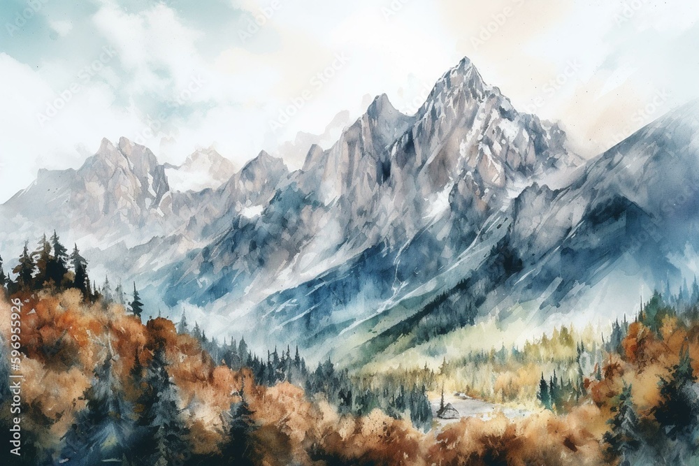 Watercolor illustration of a linked mountain scenery. Generative AI