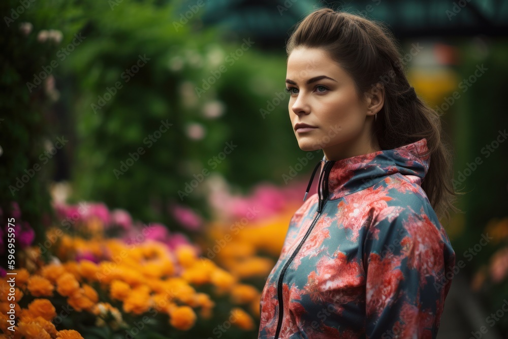 Beautiful young woman in a colorful jacket posing in a flower garden