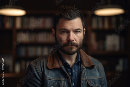 Portrait of a handsome bearded man in a denim jacket in the library