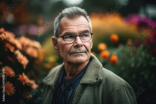 Portrait of a senior man with glasses in a flower garden. © Robert MEYNER