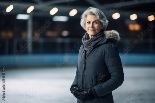 Mature woman with gray hair in winter clothes standing in the city