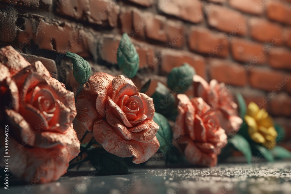 Illustration of 3D roses on a brick background. Generative AI