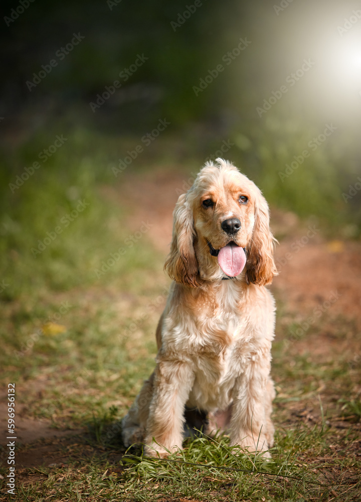 Waiting for your command. Full length shot of an adorable little Cocker Spaniel sitting outside. Waiting for your command. Full length shot of an adorable little Cocker Spaniel sitting outside.