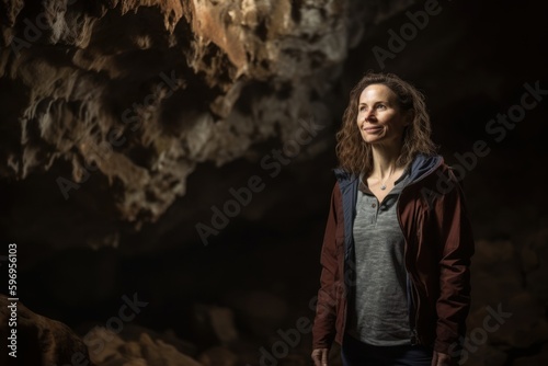 Lifestyle portrait photography of a satisfied woman in her 40s wearing a pair of leggings or tights against a geode or crystal cave background. Generative AI © Robert MEYNER