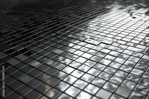 Polished silver mosaic tiles arranged in a wall pattern. Glossy 3D render. Generative AI