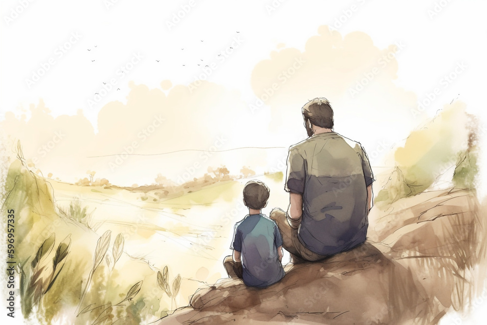  sitting on a bench watercolor Father and Son Bonding Over Outdoor Activities,  Generative AI	