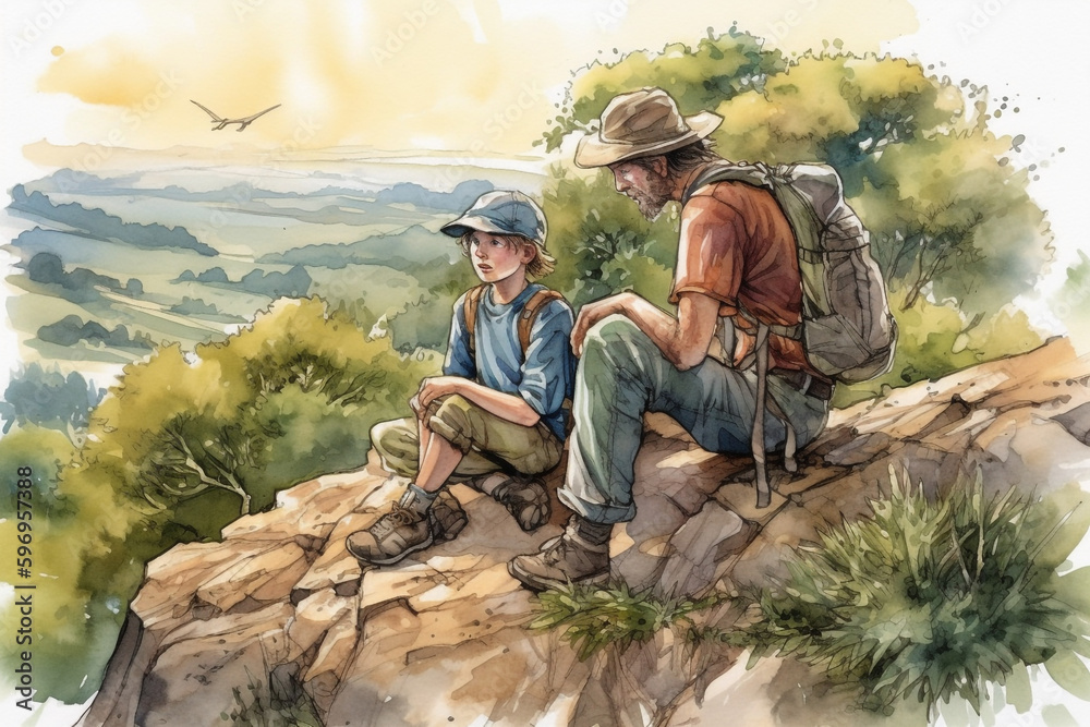 Vector Watercolor Father and Son Bonding Over Outdoor Activities,  Generative AI	
