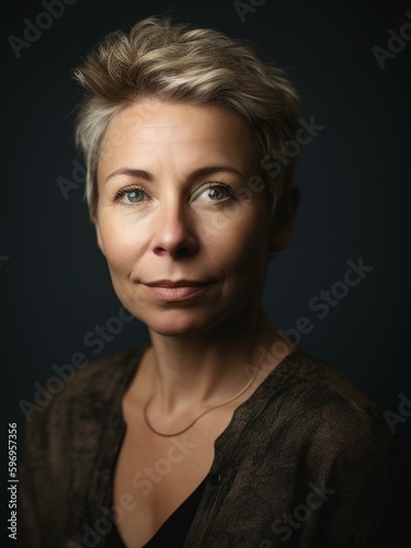 Portrait of a beautiful middle-aged woman with short hair.