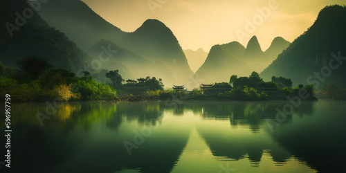 Somewhere in China in the morning on the river is a small village. AI Generation 
