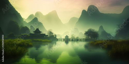 Somewhere in China in the early morning on the river a bridge to the temple. AI  Generation 