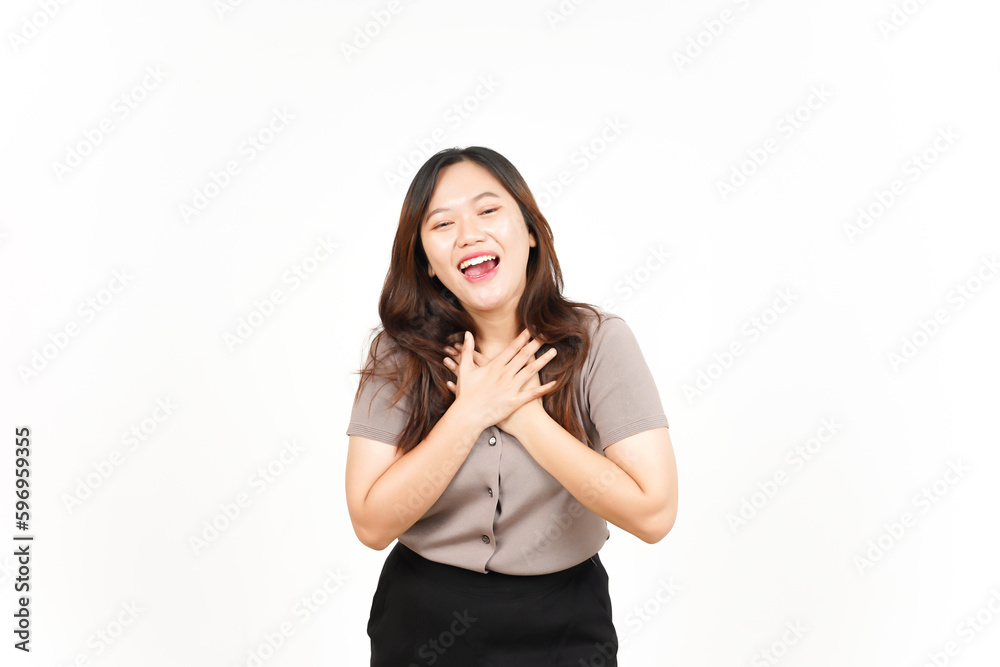 Smiling happy face hand on chest Of Beautiful Asian Woman Isolated On White Background Smiling happy face hand on chest Of Beautiful Asian Woman Isolated On White Background