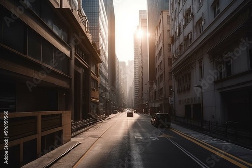 Modern buildings line an asphalt street. Generative AI © Yseult