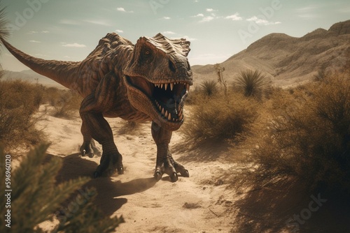 A T-Rex approaching a desert landscape. Generative AI