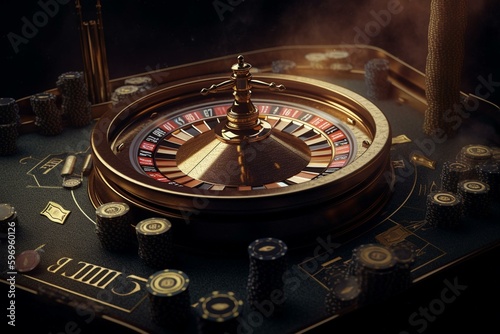 Poster for a black and gold casino with betting, card games, roulette, and casino lettering. 3D render. Generative AI