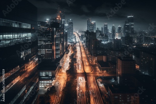 A high-tech city at night with a modern edifice and cars on the street, with a skyline of towering buildings beyond. Generative AI