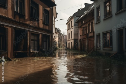 Houses and streets are submerged due to heavy flooding. Generative AI