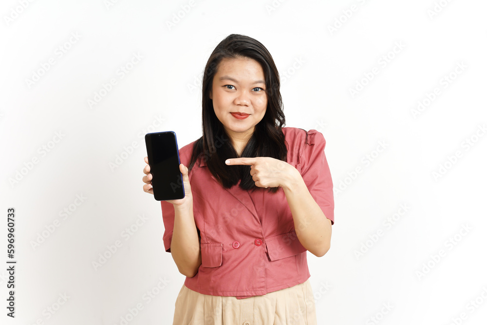 Showing Apps or Ads On Blank Screen Smartphone Of Beautiful Asian Woman Isolated On White Background Showing Apps or Ads On Blank Screen Smartphone Of Beautiful Asian Woman Isolated On White Background