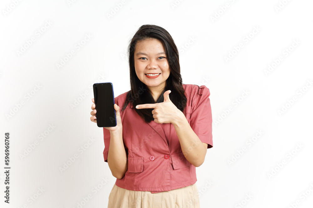 Showing Apps or Ads On Blank Screen Smartphone Of Beautiful Asian Woman Isolated On White Background Showing Apps or Ads On Blank Screen Smartphone Of Beautiful Asian Woman Isolated On White Background