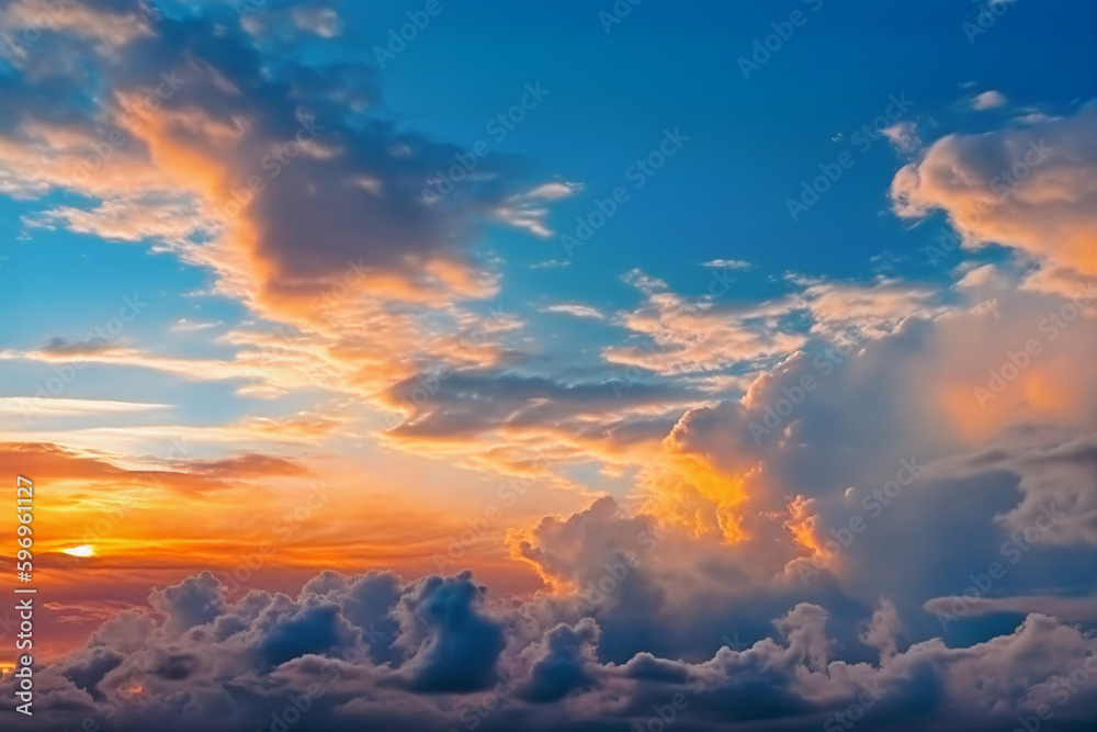 View in the clouds with a blue sky and a setting sun. sunset view in the orange, white, and blue clouds.