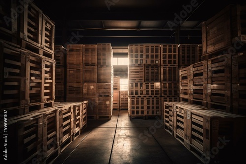 Pallets stacked with boxes in a supply chain warehouse. Logistics, cargo, shipping, and storage are involved. Generative AI