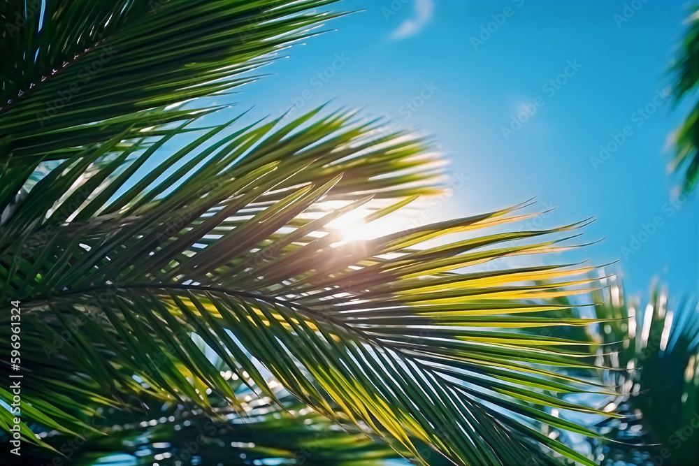 Sun shinning through the palm leaves. Palm tree growing outside under a blue sky.