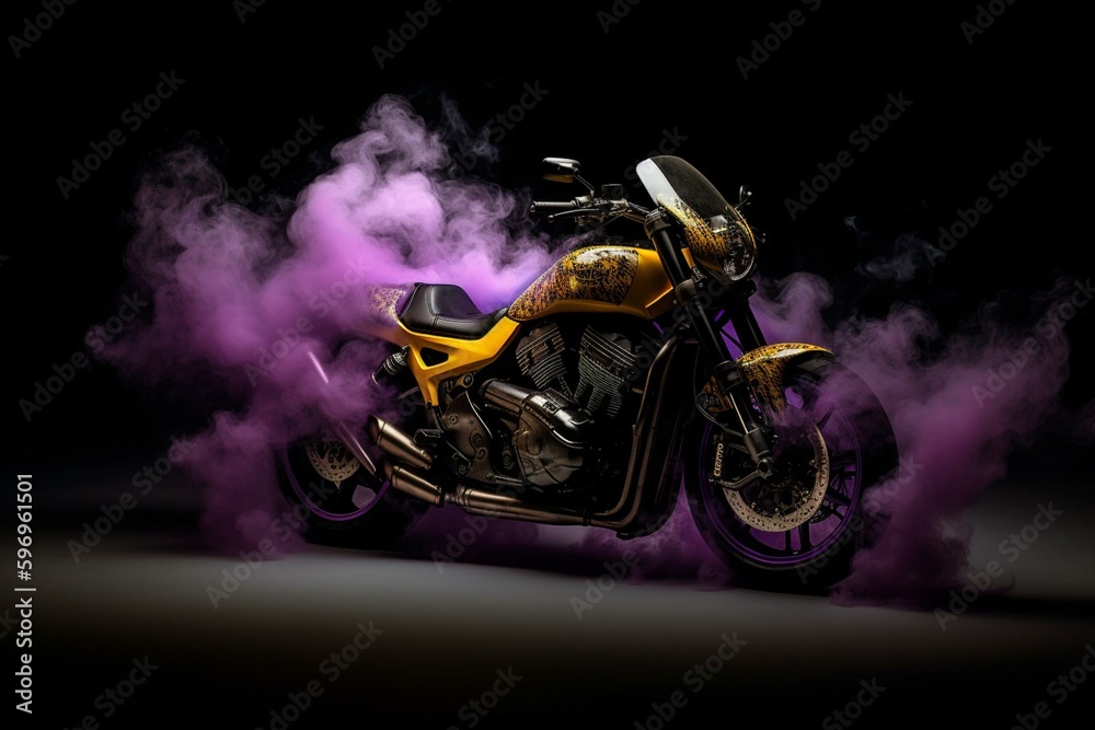 Motorcycle with purple and yellow smoke on black background. Generative AI