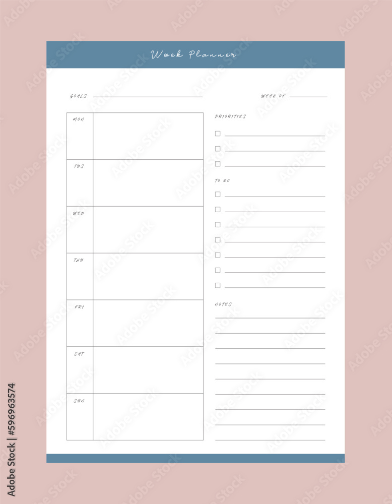 Weekly planner. (sky) Minimalist planner template set. Vector illustration. Weekly planner. (sky) Minimalist planner template set. Vector illustration.
