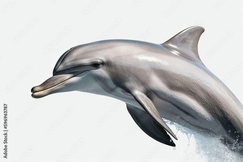 A single dolphin is depicted on a white background in this illustration. Generative AI