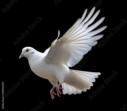 white dove flying isolated on black background. Generative ai. 