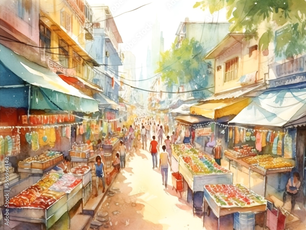 A painting of a market with a colorful banner hanging from the ceiling