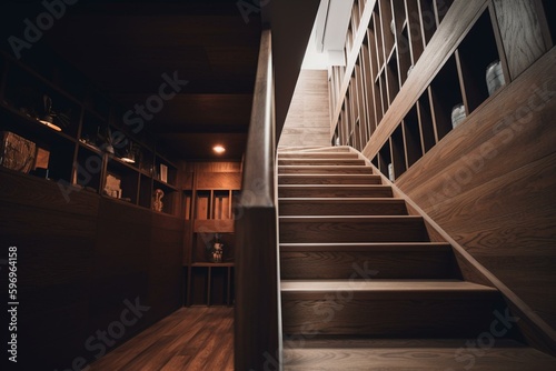 Contemporary wooden staircase. Generative AI