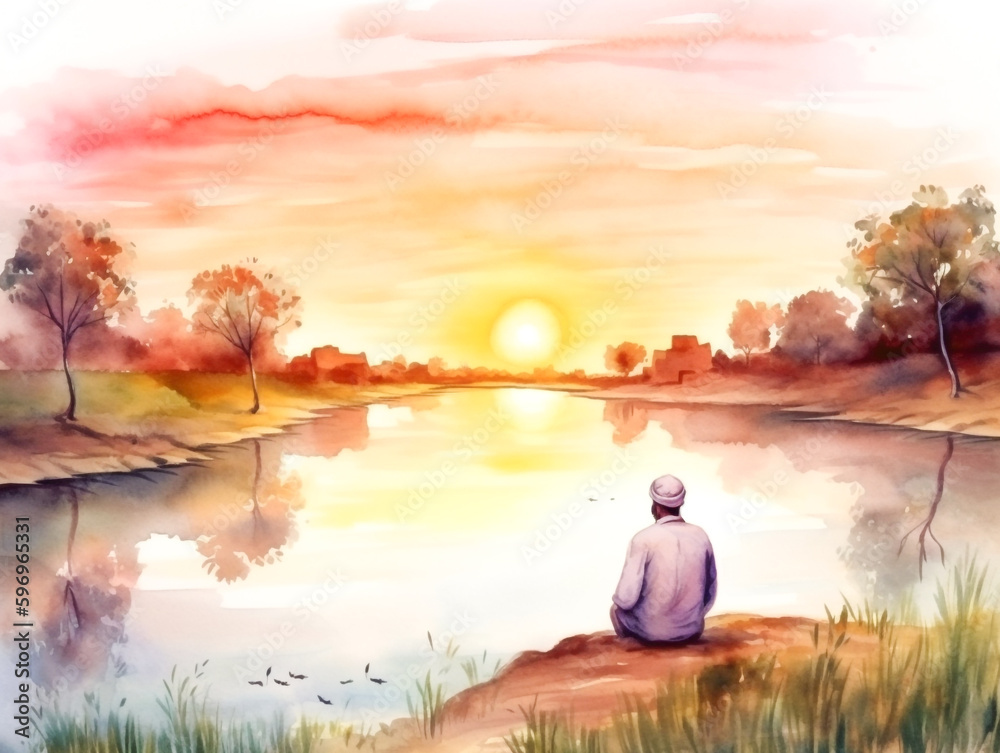 Φωτογραφία A painting of a man standing on a bank looking at the water, watercolor
