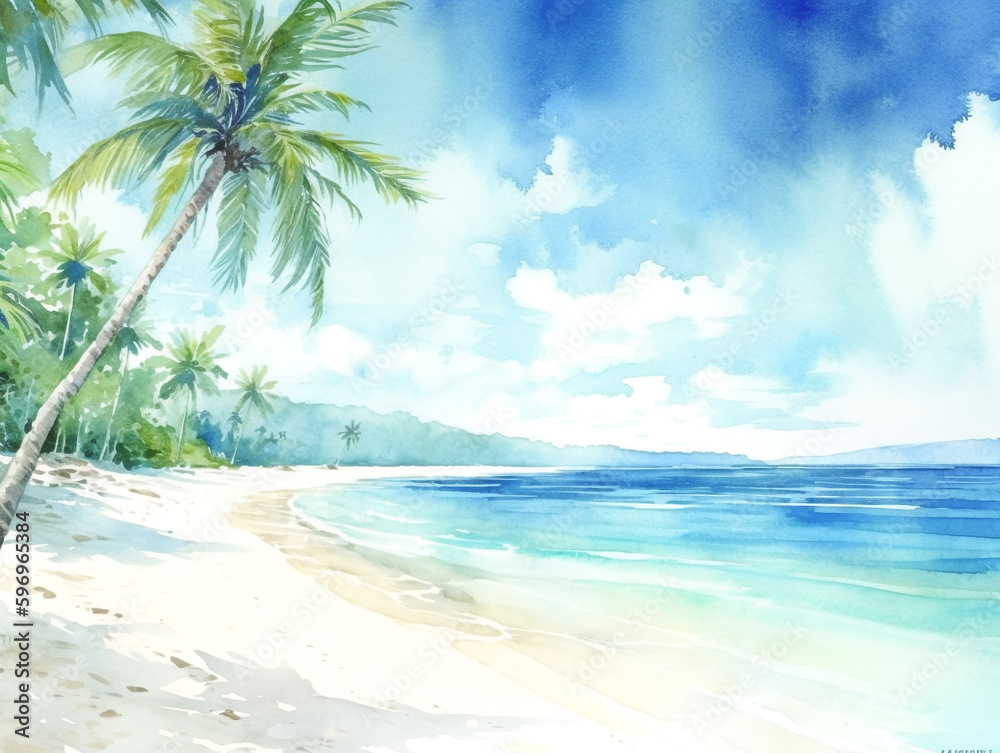 Watercolor beach with palm tree