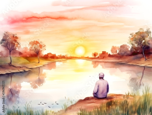A painting of a man standing on a bank looking at the water, watercolor
