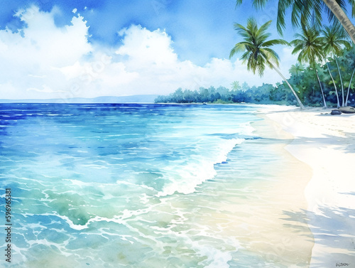 Watercolor beach with palm tree