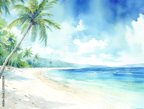 Watercolor beach with palm tree © Malek