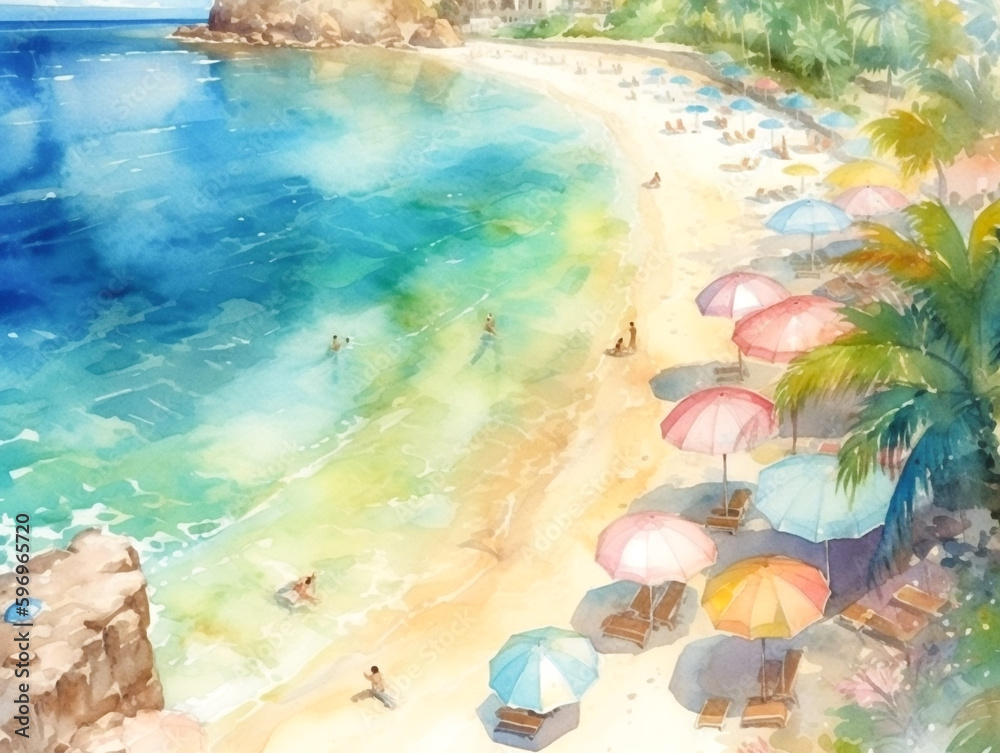 A painting of a beach with umbrellas and people on it