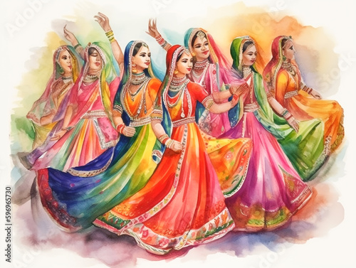 A painting of women dancing in colorful colors
