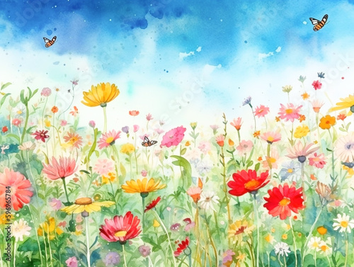 A watercolor painting of a field of flowers with butterflies. © Malek