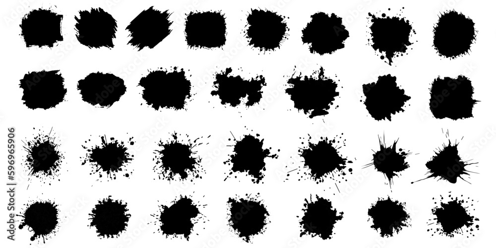 Paint ink splatter, stains set. Splash of paints with drops. High level of tracing and many details. Illustration splash and drip design, silhouette blob spray collection. Vector isolated set - obrazy, fototapety, plakaty 