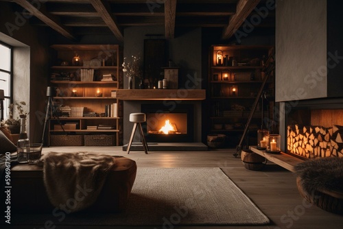 Nordic-inspired decor with fireplace and wood storage niches. Generative AI