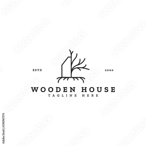 outline wooden house icon logo design vector illustration. modern organic wooden cottage, home, house, real estate, residential and cabin logo design vector ideas inspiration isolated on white 