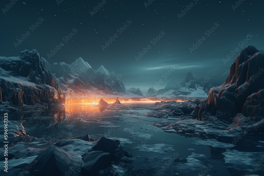 Nighttime arctic scenery with melting ice and polar sea in digital illustration. Generative AI