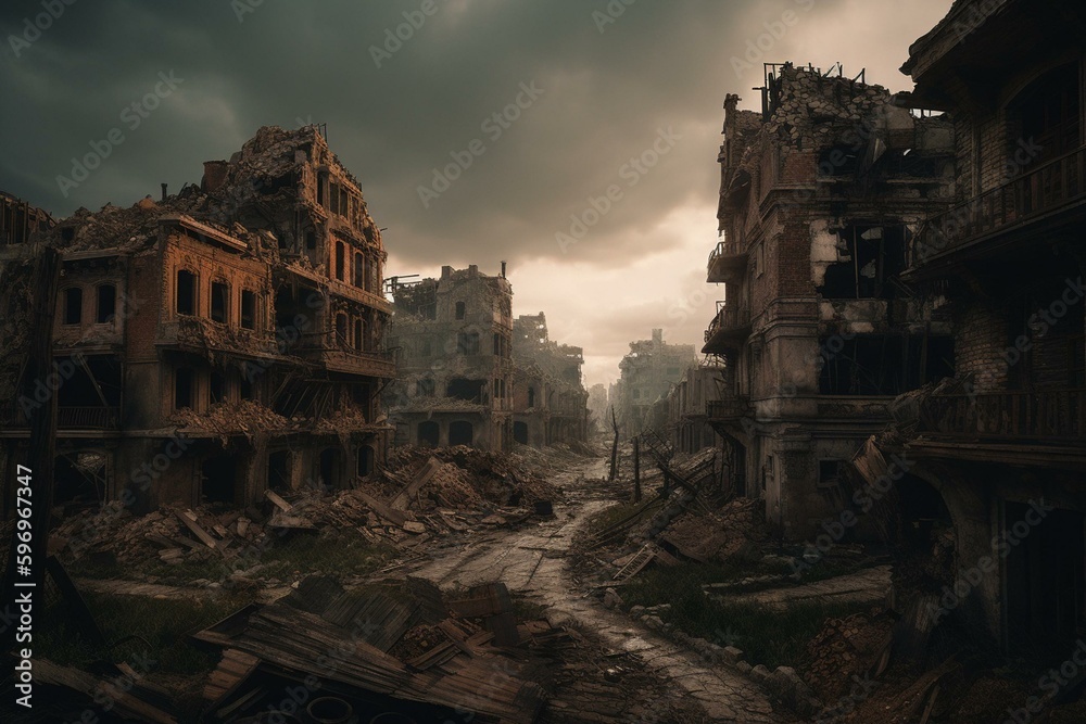 A city devastated by war with damaged structures. Generative AI